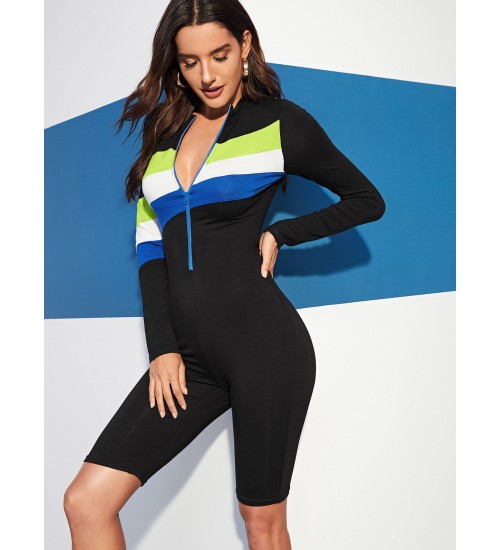 Zip Half Placket Color-block Unitard Jumpsuit