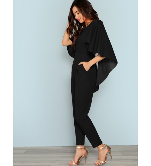 Slant Pocket Backless Batwing Sleeve Jumpsuit