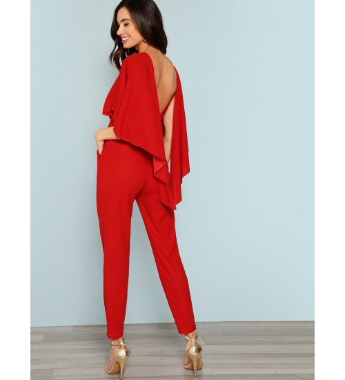 Slant Pocket Backless Cape Jumpsuit