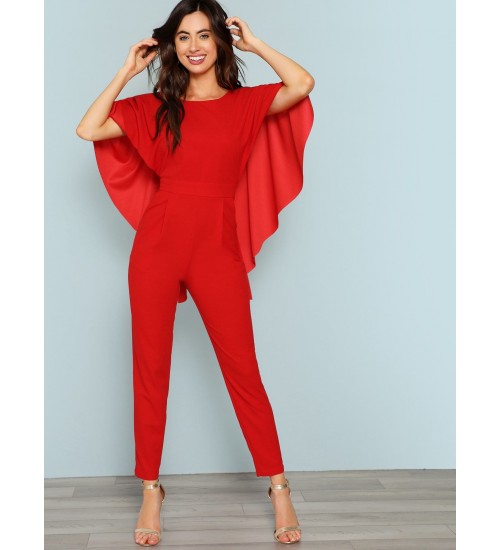 Slant Pocket Backless Cape Jumpsuit