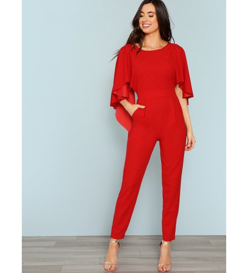 Slant Pocket Backless Cape Jumpsuit