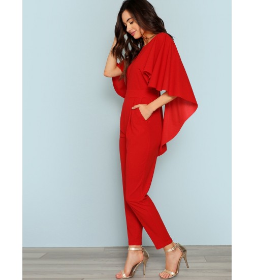 Slant Pocket Backless Cape Jumpsuit