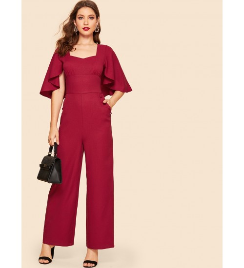 Sweetheart Neck Double Breasted Flounce Sleeve Jumpsuit