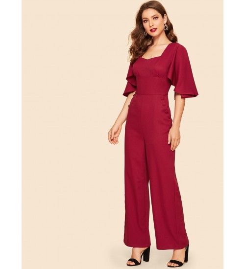 Sweetheart Neck Double Breasted Flounce Sleeve Jumpsuit