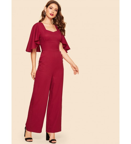 Sweetheart Neck Double Breasted Flounce Sleeve Jumpsuit