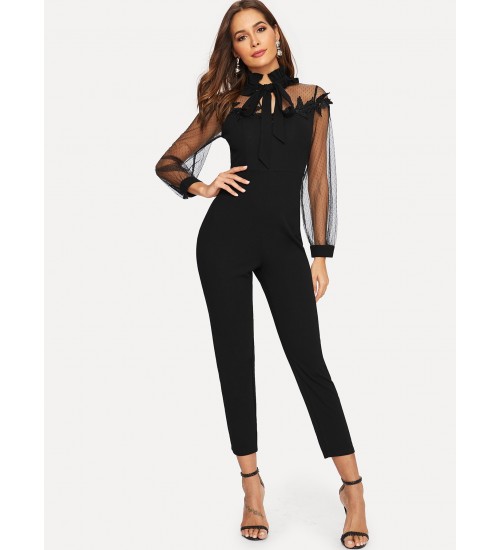 Mesh Insert Lace Applique Frilled Neck Jumpsuit