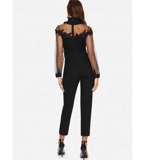 Mesh Insert Lace Applique Frilled Neck Jumpsuit