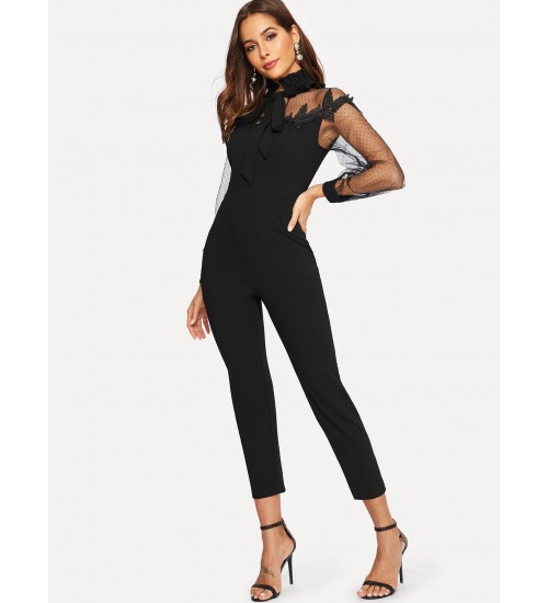 Mesh Insert Lace Applique Frilled Neck Jumpsuit