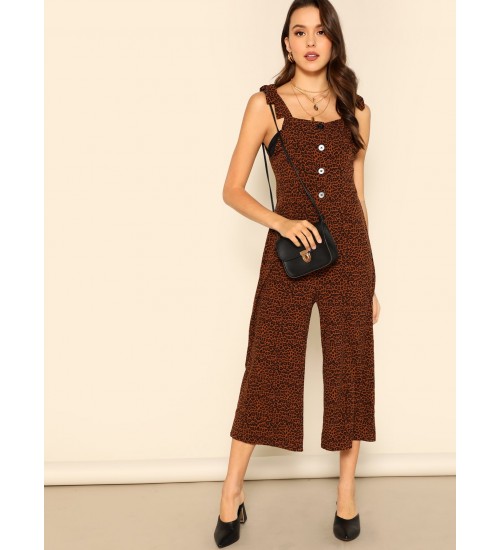 Shoulder V-back Leopard Print Jumpsuit