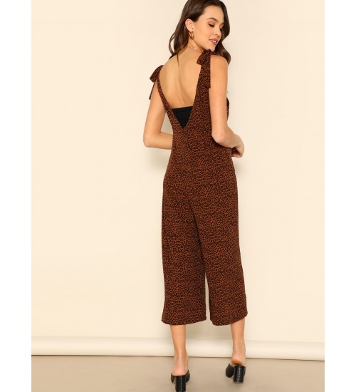 Shoulder V-back Leopard Print Jumpsuit