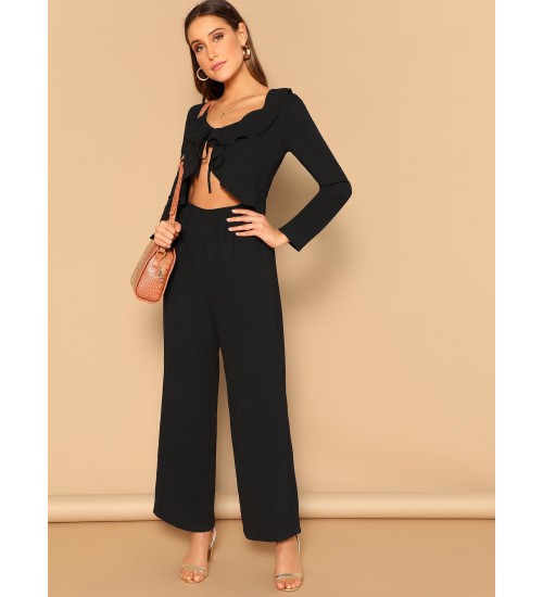 Front Ruffle Trim Wide Leg Jumpsuit