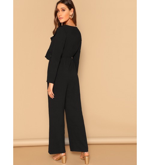 Front Ruffle Trim Wide Leg Jumpsuit