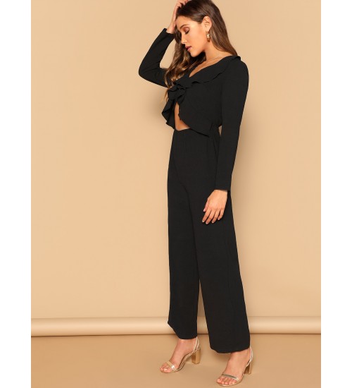 Front Ruffle Trim Wide Leg Jumpsuit