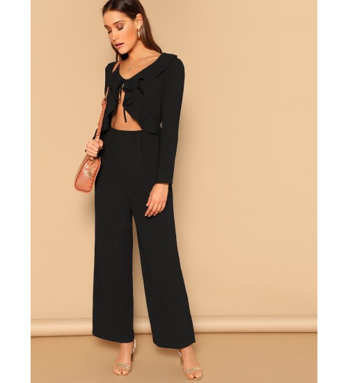 Front Ruffle Trim Wide Leg Jumpsuit