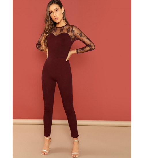 Lace Yoke Sweetheart Form Fitted Jumpsuit