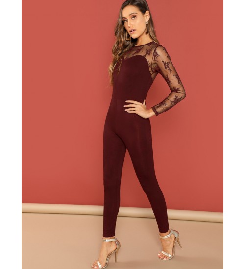 Lace Yoke Sweetheart Form Fitted Jumpsuit