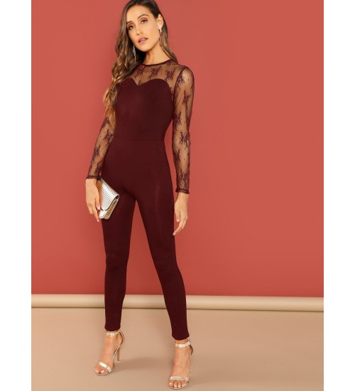 Lace Yoke Sweetheart Form Fitted Jumpsuit