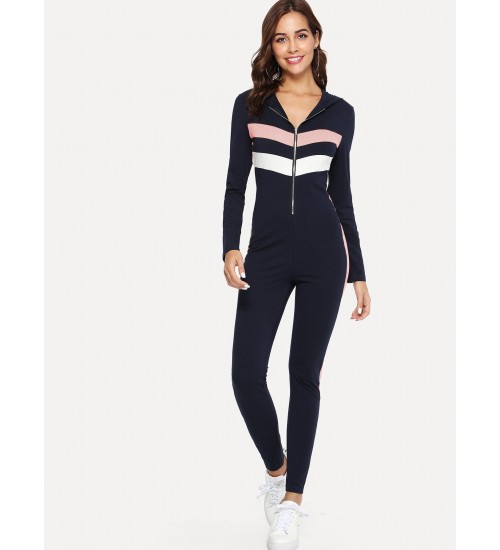 Cut and Sew Zip Front Form Fitting Jumpsuit