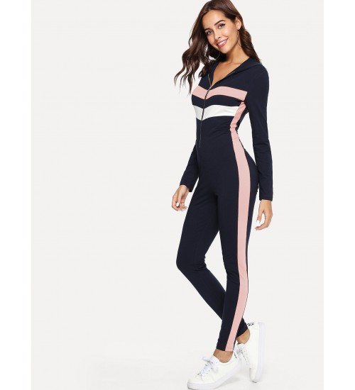 Cut and Sew Zip Front Form Fitting Jumpsuit