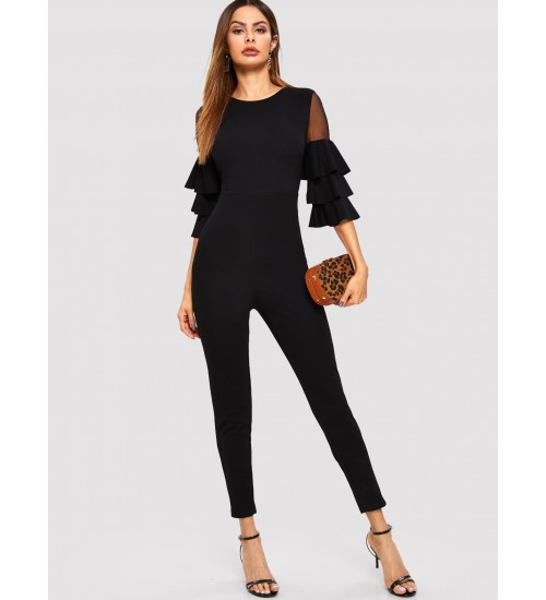 Mesh Insert Tiered Sleeve Tailored Jumpsuit