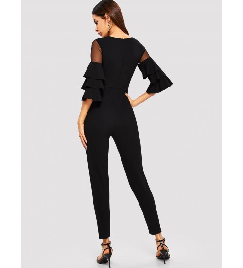 Mesh Insert Tiered Sleeve Tailored Jumpsuit