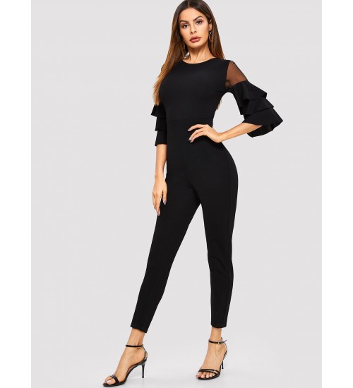 Mesh Insert Tiered Sleeve Tailored Jumpsuit