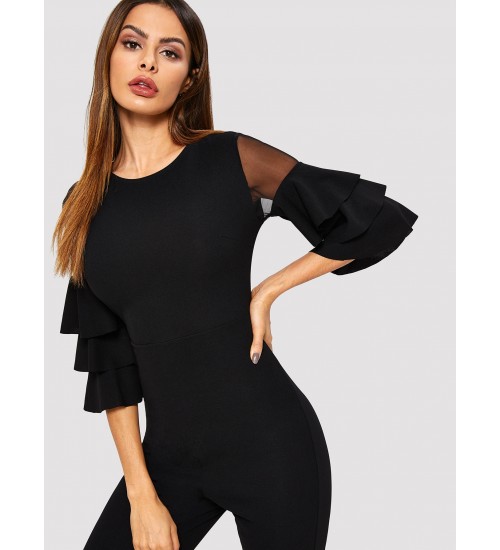 Mesh Insert Tiered Sleeve Tailored Jumpsuit