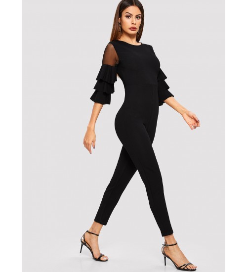 Mesh Insert Tiered Sleeve Tailored Jumpsuit