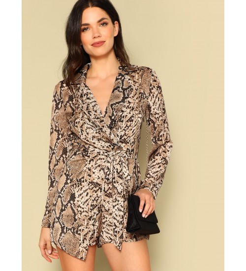 Wrap Front Snakeskin Blazer Romper With Belt