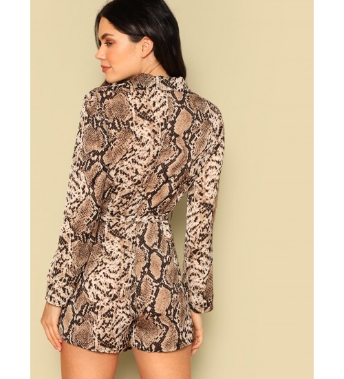 Wrap Front Snakeskin Blazer Romper With Belt