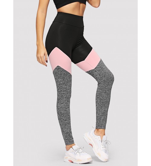 Wide Waistband Marled Knit Colorblock Leggings