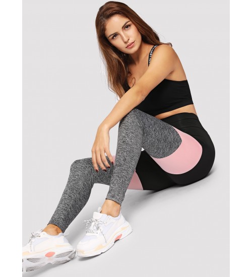 Wide Waistband Marled Knit Colorblock Leggings