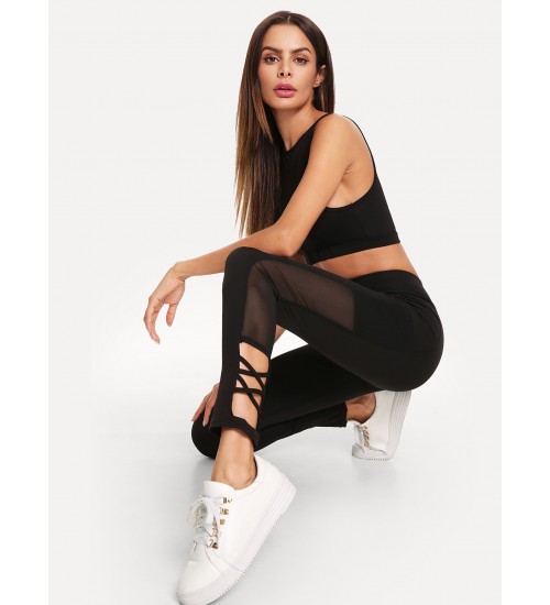 Criss Cross Sheer Mesh Panel Leggings