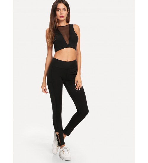 Criss Cross Sheer Mesh Panel Leggings