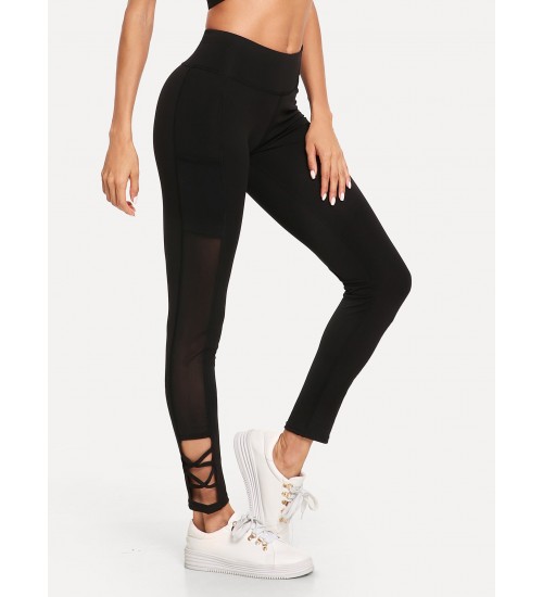 Criss Cross Sheer Mesh Panel Leggings