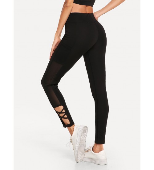 Criss Cross Sheer Mesh Panel Leggings