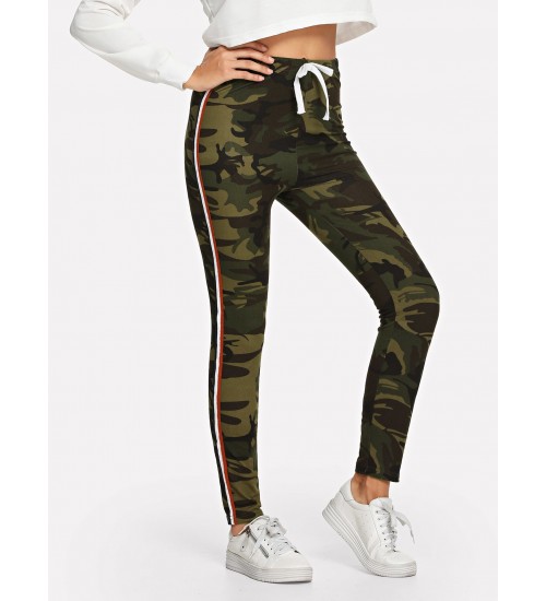 Camouflage Drawstring Waist Tape Panel Side Leggings