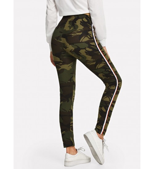 Camouflage Drawstring Waist Tape Panel Side Leggings