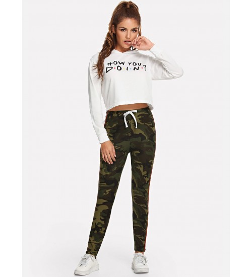 Camouflage Drawstring Waist Tape Panel Side Leggings