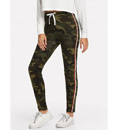 Camouflage Drawstring Waist Tape Panel Side Leggings