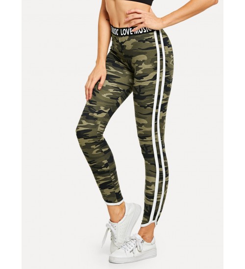 Lettering Waistband Camouflage Leggings