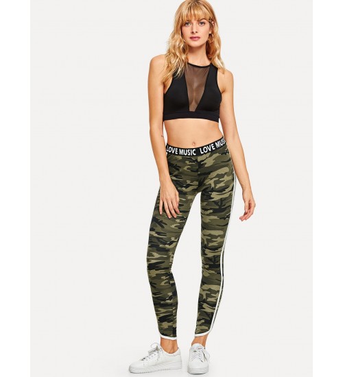 Lettering Waistband Camouflage Leggings