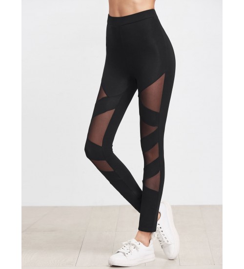 Mesh Insert Striped Leggings