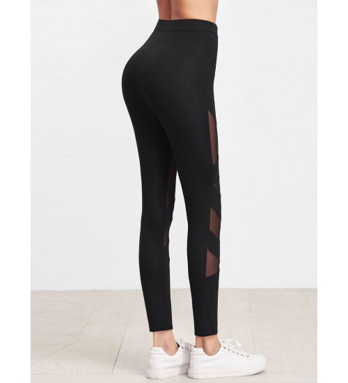 Mesh Insert Striped Leggings