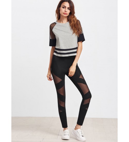 Mesh Insert Striped Leggings