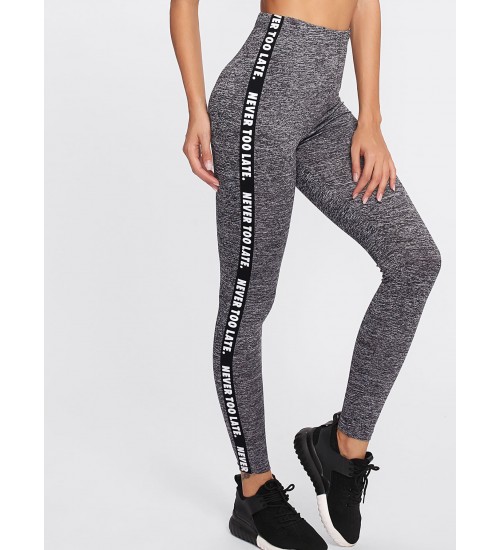 Letter Print Side Marled Knit Leggings