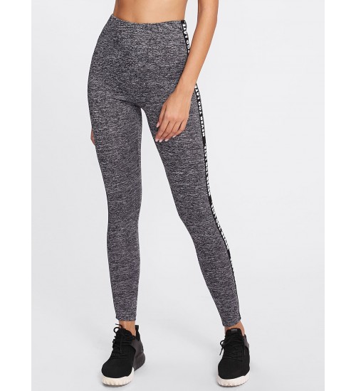 Letter Print Side Marled Knit Leggings